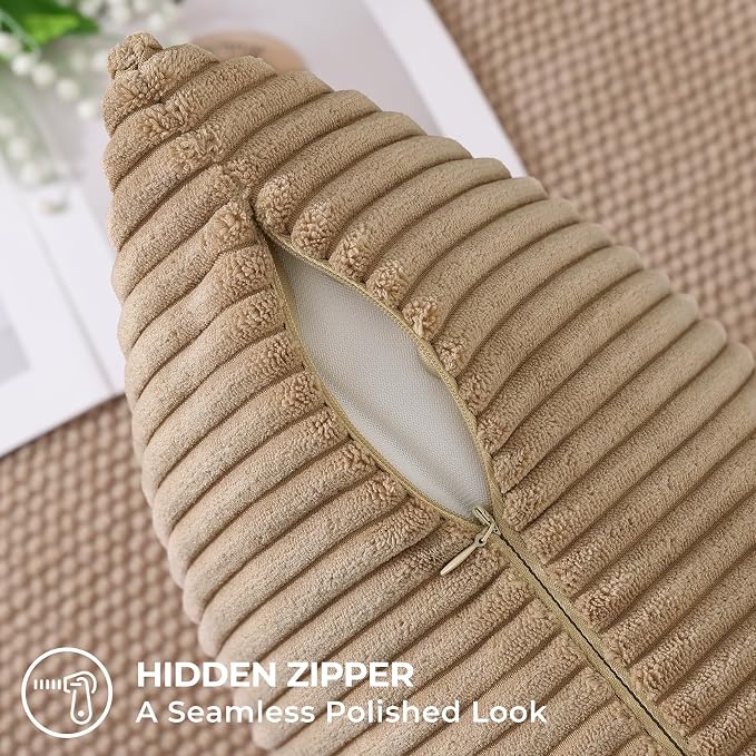 Mecatny Corduroy Fall Decorative Throw Pillow Covers 12x20 Set of 2 Khaki | Soft Striped Texture, Hidden Zipper Design, Neutral Boho Lumbar Pillow Cases for Sofa Couch Living Room Bedroom, Home Décor
