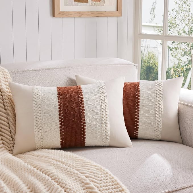 2 Pack Boho Lumbar Pillow Covers, Contrast Terracota 12x20in | Soft Breathable Cotton, Farmhouse Decorative Couch Pillow Cases, Cushion Covers for Sofa Bed Living Room Home Decor