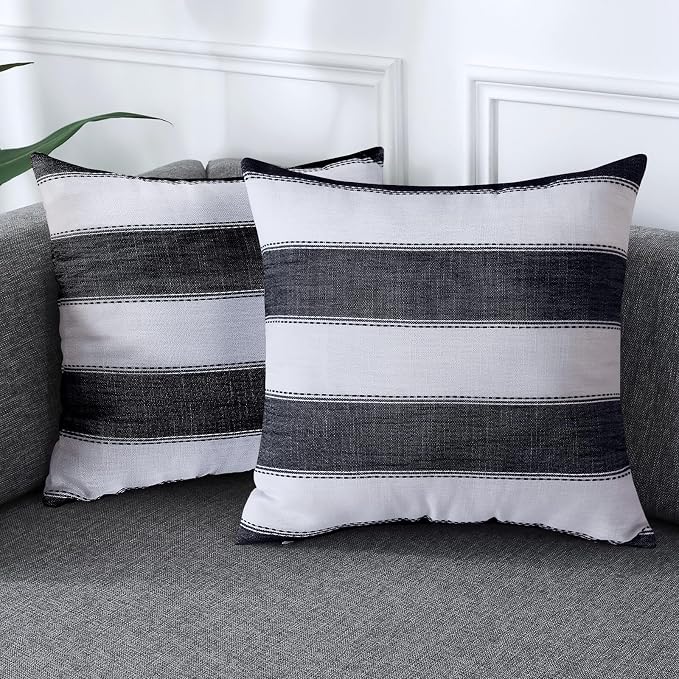 Pack of 2 Farmhouse Stripe Check Throw Pillow Covers Set Case Cotton Linen Decorative Pillowcases Cushion Cover for Couch Bench Sofa 16x16Inch Black