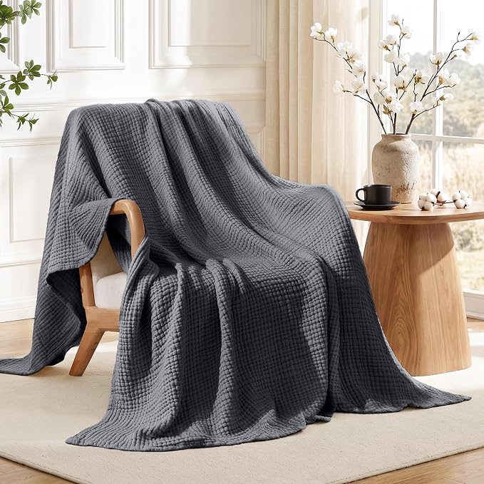 Love's cabin 100% Cotton Muslin Blanket, 6 Layer Lightweight Breathable Gauze Large Throw Blanket 50 x 70 Inches, Soft Cooling All Season Blanket for Couch or Sofa, Dark Grey