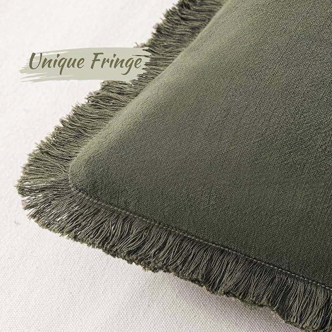 MIULEE Boho Linen Fringe Decorative Throw Pillow Covers Olive Green 18x18 | Set of 2, Cottagecore Decor, Boho Farmhouse Neutral Pillow Covers, Rustic Couch Cushion Cases for Sofa Bed Living Room