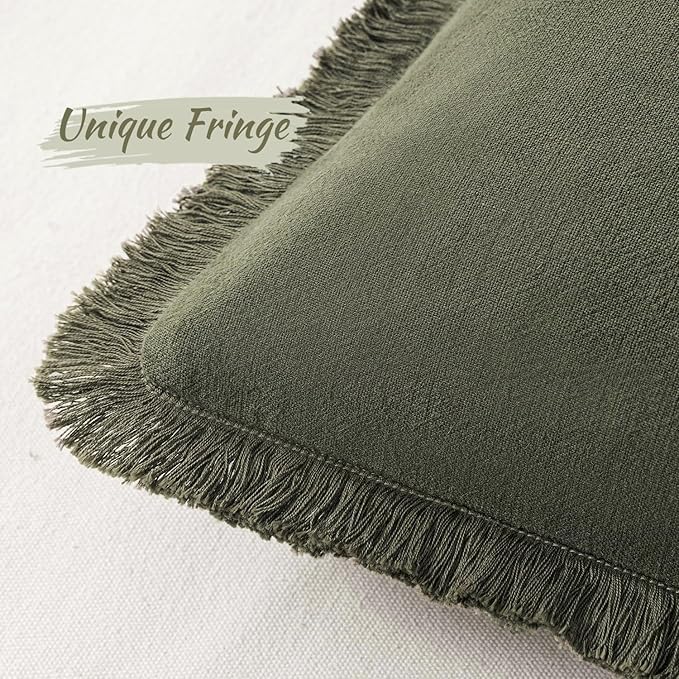 MIULEE Boho Linen Fringe Decorative Throw Pillow Covers Olive Green 20x20 | Set of 2, Cottagecore Decor, Boho Farmhouse Neutral Pillow Covers, Rustic Couch Cushion Cases for Sofa Bed Living Room
