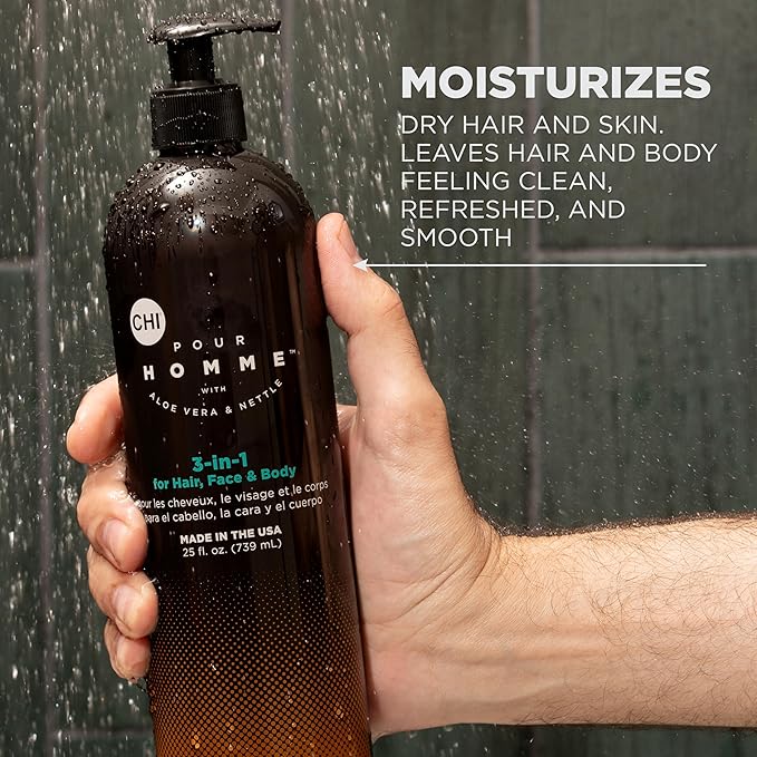 CHI Pour Homme 3-in-1 Cleansing & Moisturizing Hair, Face & Body Wash for Men, Made With Aloe Vera & Nettle, Fresh, Woody Scent, Sulfate-Free, 11.5 oz