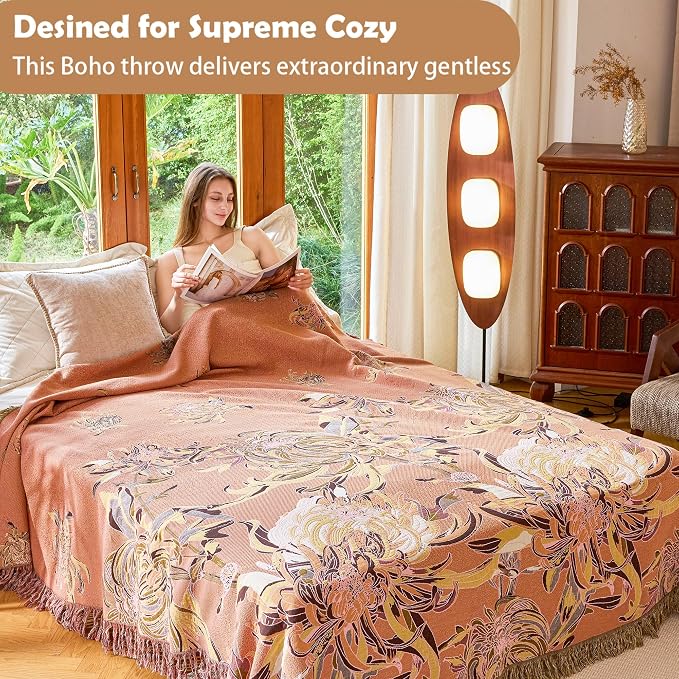 VANJOROY Boho Throw Blanket 60" x 80", 100% Organic Cotton Breathable Skin-Friendly Ultra Soft Bed Quilt Throw - Floral Rustic Decor Luxury Reversible Blanket for Sofa Couch Chair and Gift,
