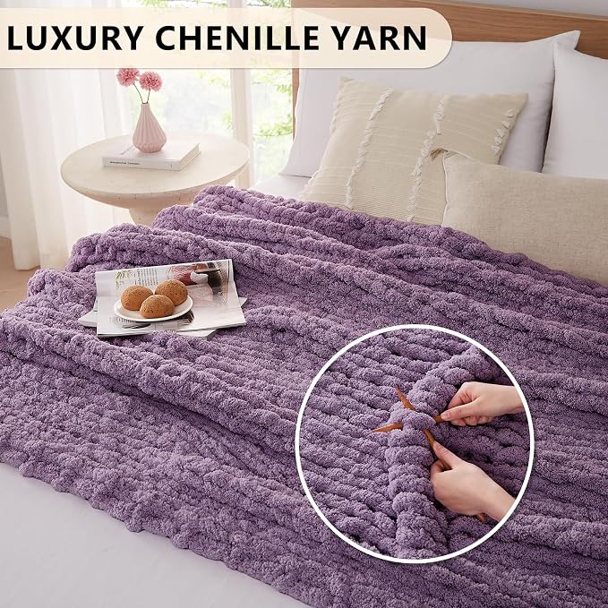 L'AGRATY Chunky Knit Throw Blanket for Couch, 60 x 80 Inches, Deep Purple | Handmade Chenille Crochet Blanket for Sofa Bed, Thick Cable Knitted Blankets for Room Home Decor, Birthday Gift for Women Mom