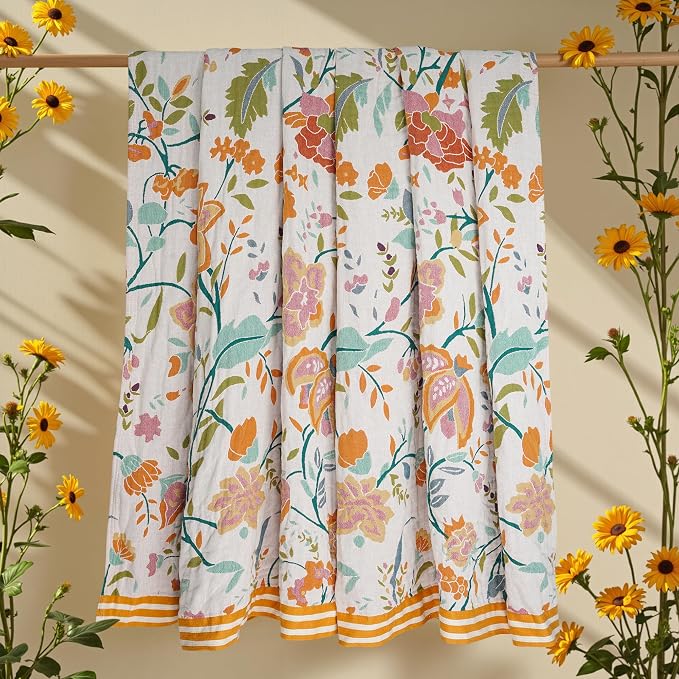 VANJOROY Boho Throw Blanket, 100% Organic Cotton Breathable Ultra Soft 91" x 108" King Bed Quilt Throw - All Season Floral Rustic Farmhouse Decor Luxury Blanket for Sofa Couch Chair and Gift