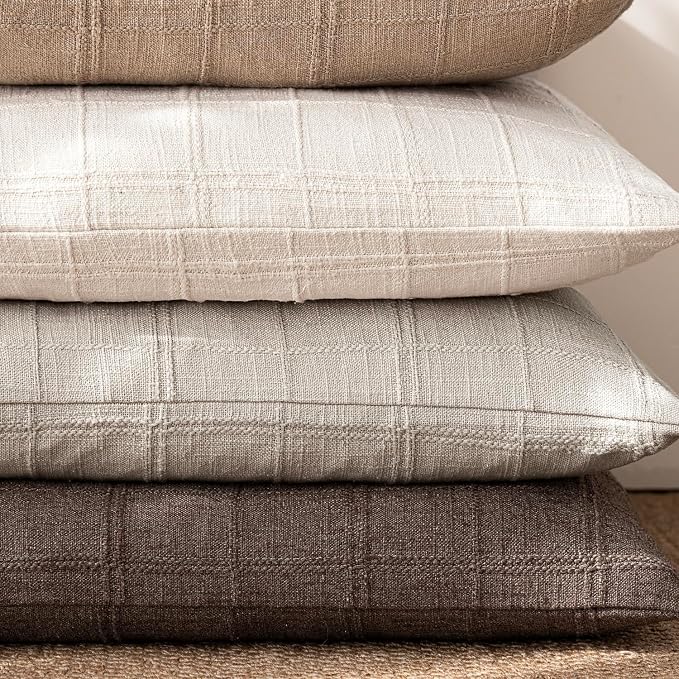 Foindtower Set of 2 Decorative Linen Check Throw Pillow Covers Neutral Farmhouse Vintage Cushion Covers Modern Coastal Boho Home Decor for Sofa Chair Couch Bedroom Living Room,18×18 Inch,Light Grey