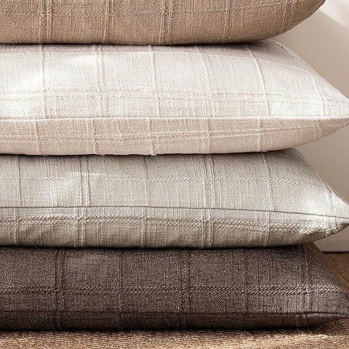Foindtower Set of 2 Decorative Linen Check Throw Pillow Covers Neutral Farmhouse Vintage Cushion Covers Modern Boho Accent Home Decor for Sofa Chair Couch Bedroom Living Room,26×26 Inch,Light Grey