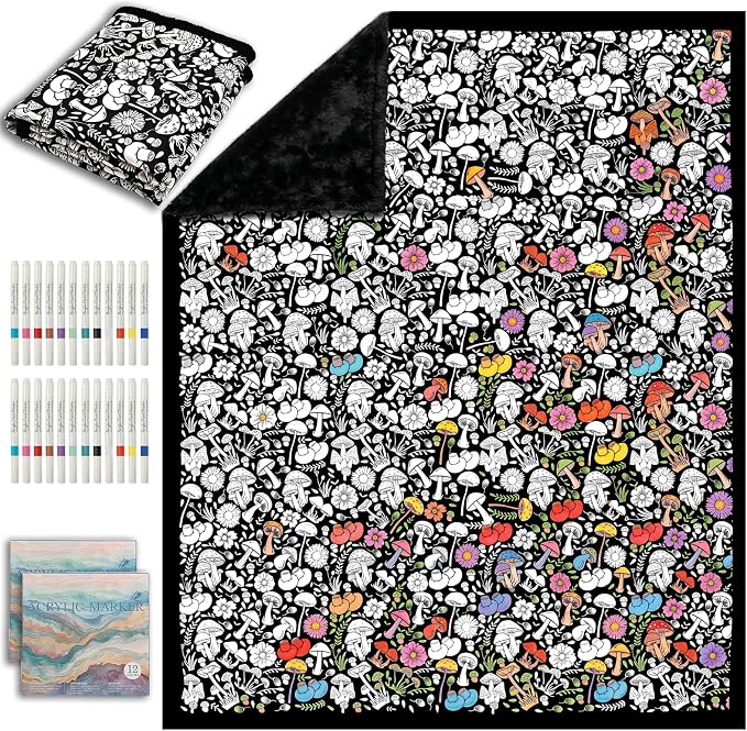 ZHOYIMIMI DIY Cozy Coloring Blankets for Adults & Kids -24 Markers | 50" x 60", Machine Washable, Cozy Velvet, Printed Patterns, ideal for daily use, home decor and kids spaces, Gift Wrapped