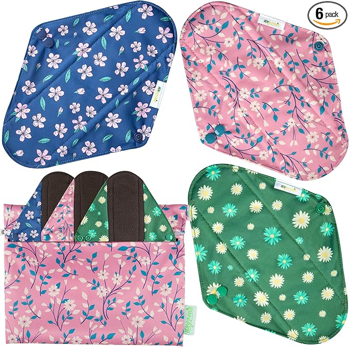 Wegreeco Cloth Menstrual Pads - Soft Washable Pads for Women - Reusable Panty Liners for Women - 6 Pack with 1 Cloth Mini Wet Bag (Small, Chrysanthemums)