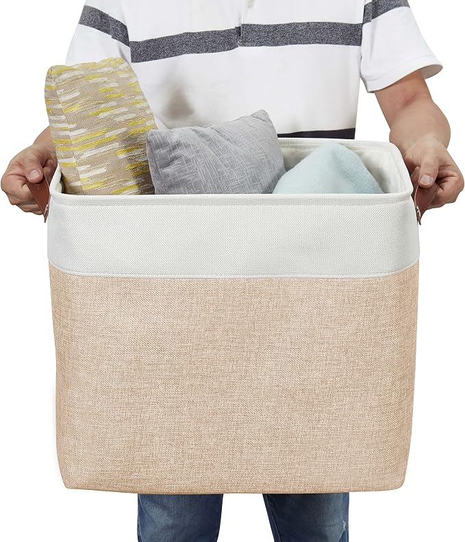 DECOMOMO Extra Large Storage Baskets, 54.5L Fabric Storage Bins 3 Pack | XXXL Storage Baskets for Shelves, Linen Closet Organizers (Beige & White, 17" x 13" x 15")