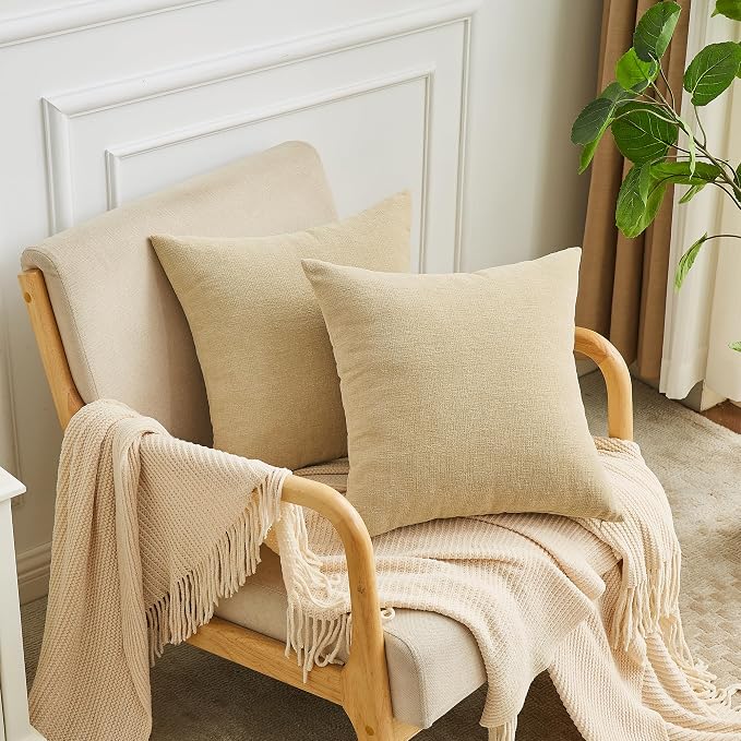 GAWAMAY Decorative Square Throw Pillow Covers 20x20 Inch Set of 2, Super Soft Chenille Pillows Farmhouse Fall Pillowcase for Living Room Bedroom Sofa Couch Cushion Cover Khaki 50x50cm (No Insert)