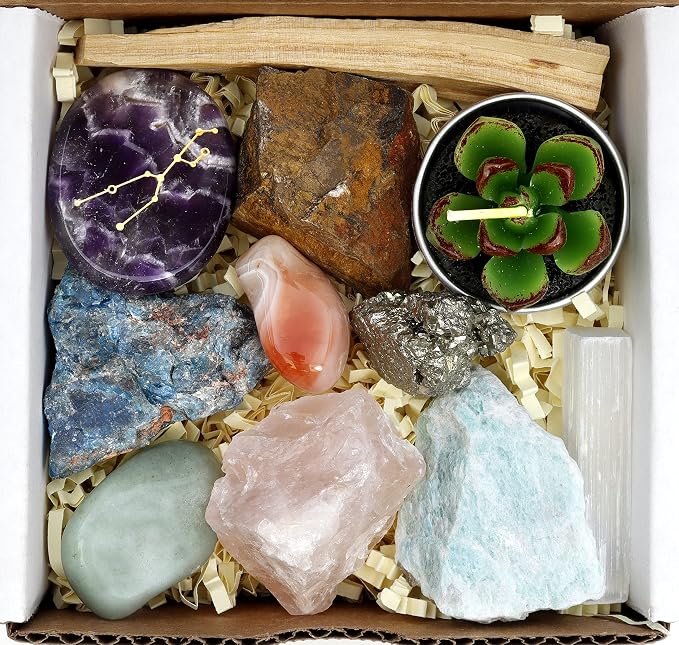 DANCING BEAR Taurus Zodiac Healing Crystals Gift Set (14 Pc): 9 Stones, 18K Gold-Plated Constellation Necklace, Meteorite, Succulent Candle, Palo Santo Smudge Stick & Info Guide, Made in The USA