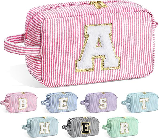 YOOLIFE Christmas Gifts for Women Teen Girls - Initial Makeup Bag Cosmetic Bag Toiletry Pouch, Personalized Birthday Gifts for Women Girls Mom Daughter Sister Friends, Pink A