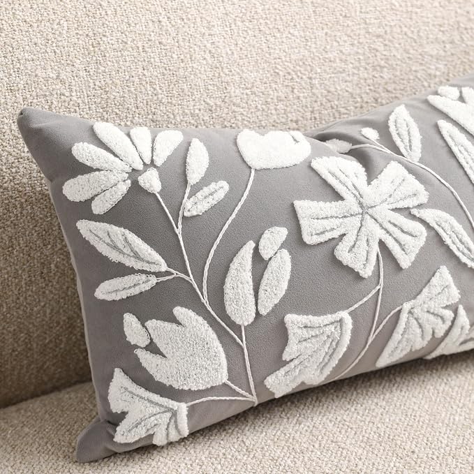Lumbar Pillow Cover 12x20 Inch, Light Gray Floral Tufted Velvet Decorative Accent Pillow Case for Sofa Bed Living Room, Cover Only