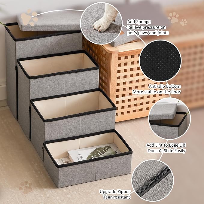 Love's cabin Dog Stairs for High Bed, Foldable Pet Stairs for Small Medium or Large Dogs Puppy with Storage for Bed or Couch, Cat Dog Steps Ramp with Zip up to 200 lbs, Solid Grey, 4 Steps