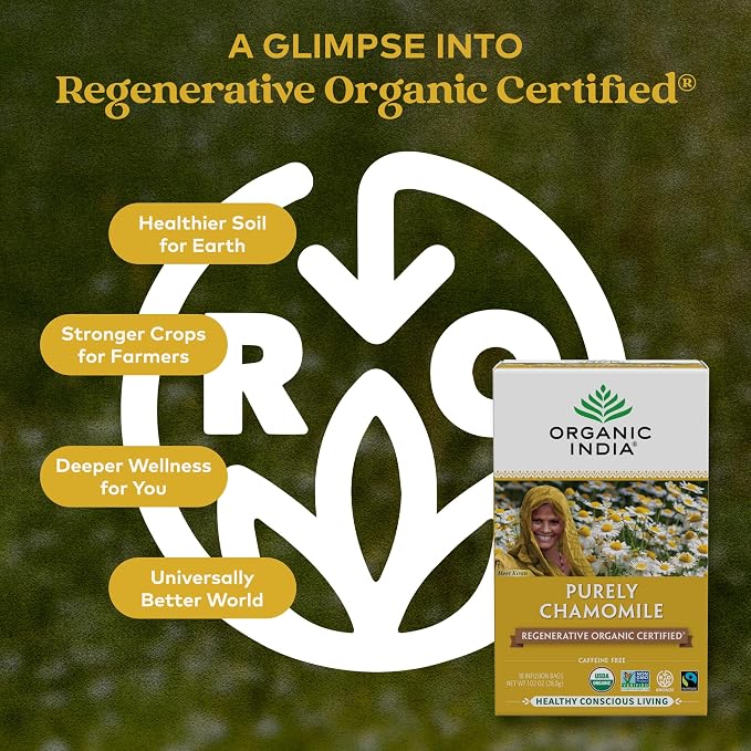 Organic India Purely Chamomile Tea - Regenerative Organic Chamomile Flowers, Caffeine Free, Calming & Relaxing Herbal Tea, Natural Support for Sleep & Relaxation - 18 Bags, Pack of 3