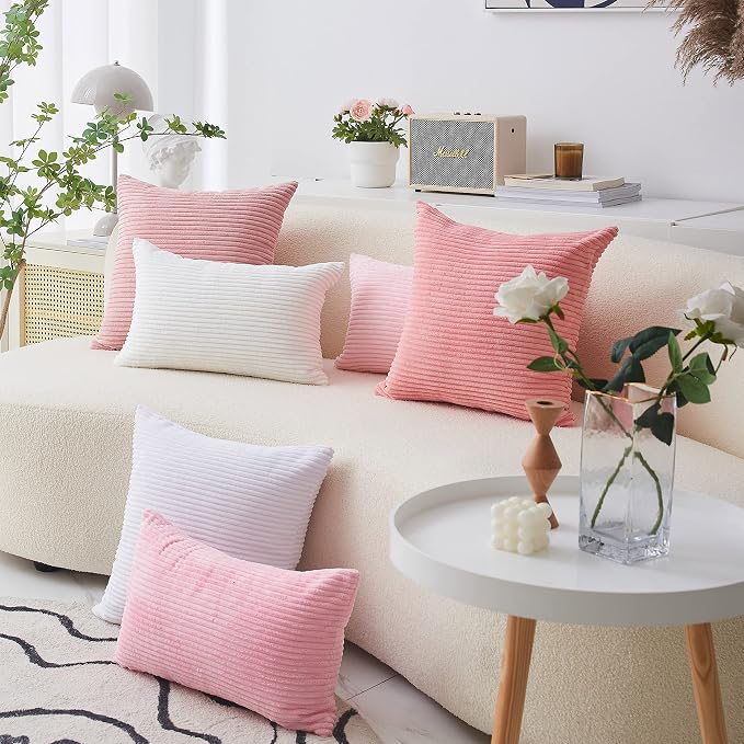 Home Brilliant Plush Pillow Cover Pink Corduroy Striped Throw Pillow Cover 20x20 Soft Square Throw Pillow for Anniversary Women Girl Gifts, 20 x 20 inch (50cm), Baby Pink