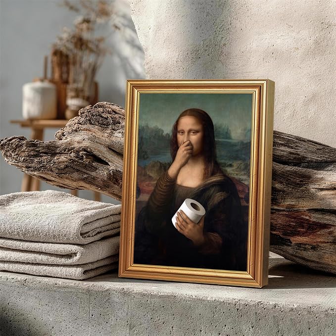 ICHZUMW Gold Framed Funny Mona Lisa Toilet Paper Canvas Wall Art, 12x16 In | Quirky Humorous Parody Painting Bathroom Wall Decor, Restroom Powder Room Guest Toilet, Fade Resistant, Ready to Hang