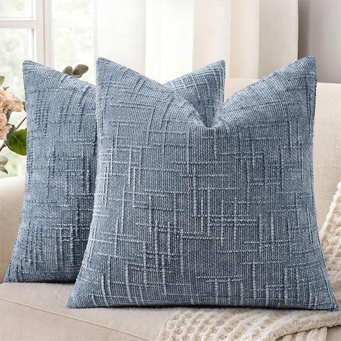 decorUhome Textured Chenille Throw Pillow Covers 26x26 Set of 2 Grey Blue | Fall Modern Farmhouse Soft Cozy Slubby Couch Pillow Cases Boho Decorative Pillow Cases for Bed Sofa Living Room Home Decor