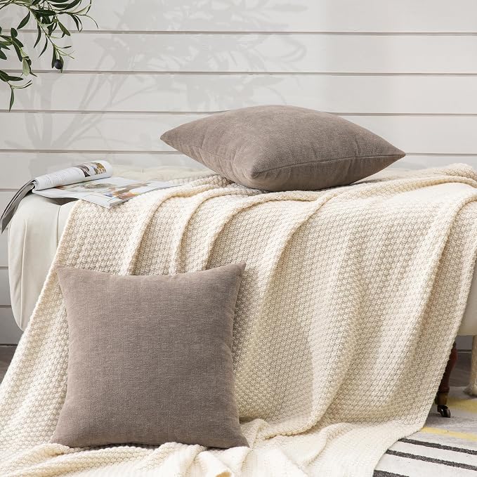 GAWAMAY Decorative Chenille Throw Pillow Covers 24x24 Inch Pack of 2, Soft Square Couch Pillow Cover for Sofa Cushion Living Room Bedroom Pillowcases Taupe Grey 60x60cm (ONLY Covers)
