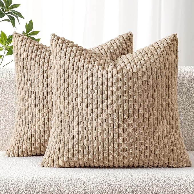 MIULEE Decorative Throw Pillow Covers 18x18 Neutral Tan Textured Corduroy | Pack of 2 Striped Pillow Covers Modern Farmhouse Fall Home Decor for Couch Bed Sofa Living Room