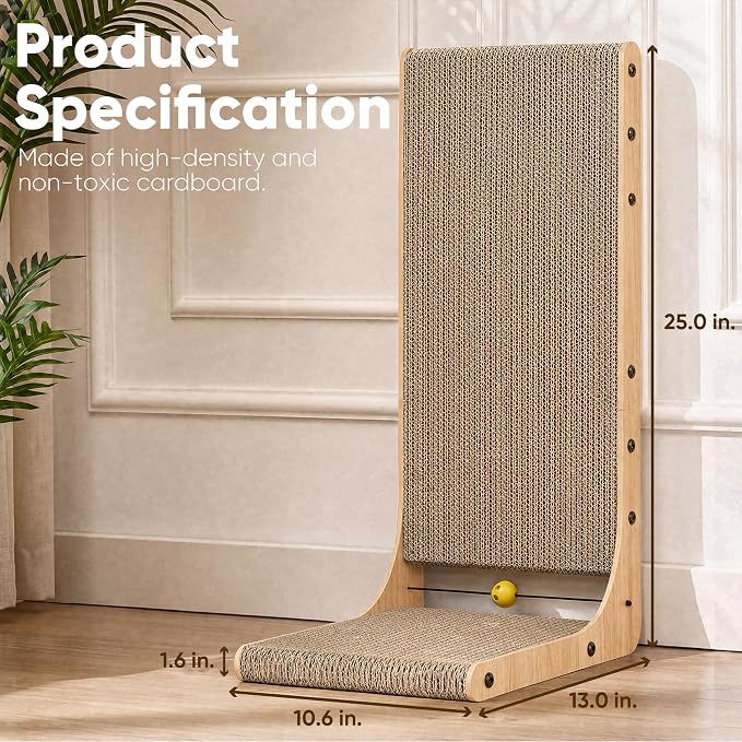 FUKUMARU Cat Scratcher 2 Packs, 25 Inch Cat Scratching Boards, L Shaped Pad | Cardboard Cat Scratcher for Indoor Cats, Vertical Scartch Pads with Ball Toy, Kitten Scratching Post Wall, Wood Color