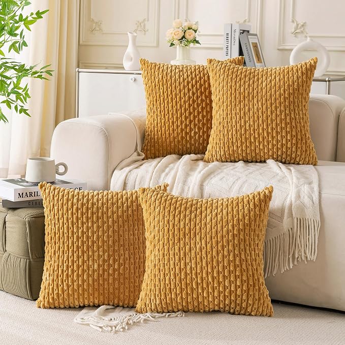 Set of 4 Mustard Yellow Decorative Throw Pillow Covers 20x20 Inch Corduroy Pillow Covers for Bed Couch Sofa Living Room Soft Square Cushion Cases