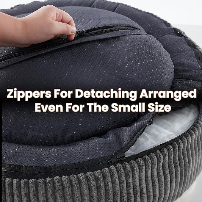 23 inches Calming Donut Dog Bed for Small Dogs,Dark Grey | Round Puppy Pet Bed with Removable&Washable Cover,Plush Faux Fur & Corduroy, Fits Pets up to 15 lbs