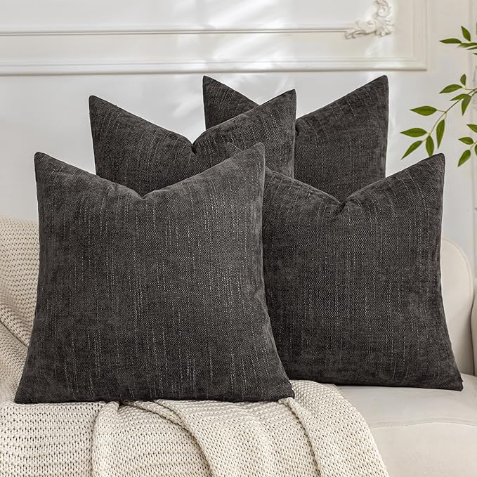 Set of 4 Soft Textured Decorative Throw Pillow Covers 18x18 Inch Cozy Farmhouse Cushion Cover Square Accent Pillow Cases for Bed Couch Sofa Living Room, Dark Grey