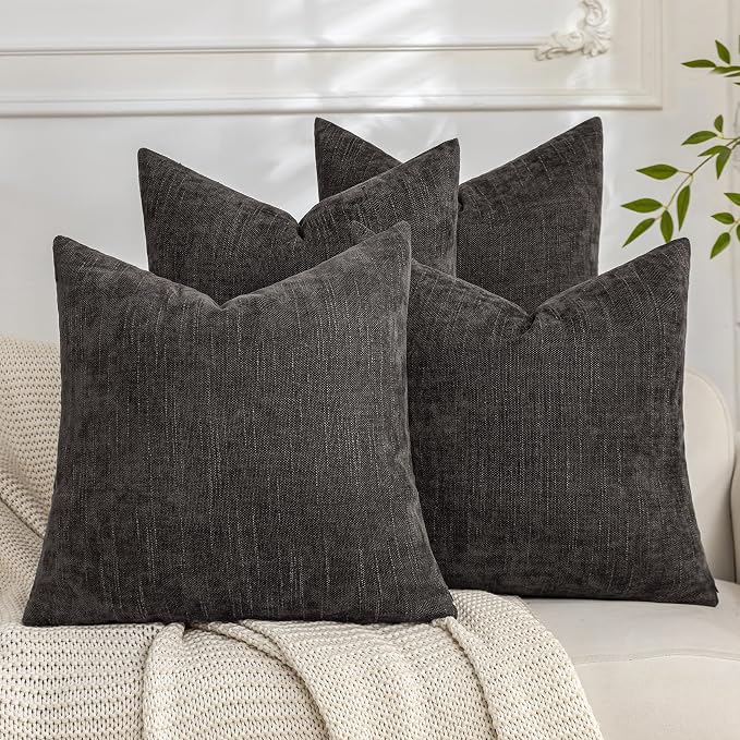 Set of 4 Soft Textured Decorative Throw Pillow Covers 24x24 Inch Cozy Farmhouse Cushion Cover Square Accent Pillow Cases for Bed Couch Sofa Living Room, Dark Grey
