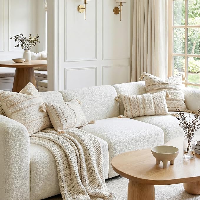 18X18 Throw Pillow Cover, Cream Neutral Beige Square Decorative Cushion Cover, Boho Accent Pillowcase with Tufted Details and Tassels for Couch Sofa Living Room(Cover Only)