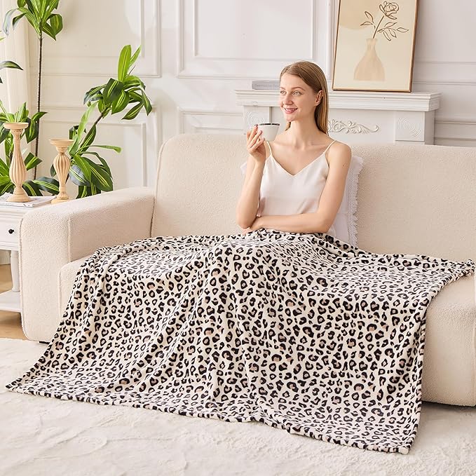 Edenleaf Leopard Print Blanket Fleece Throw for Bed Sofa Travel and Camping, Super Soft Cozy Fluffy Plush Cheetah Print Blanket for All Seasons 50"x60" (Cream)