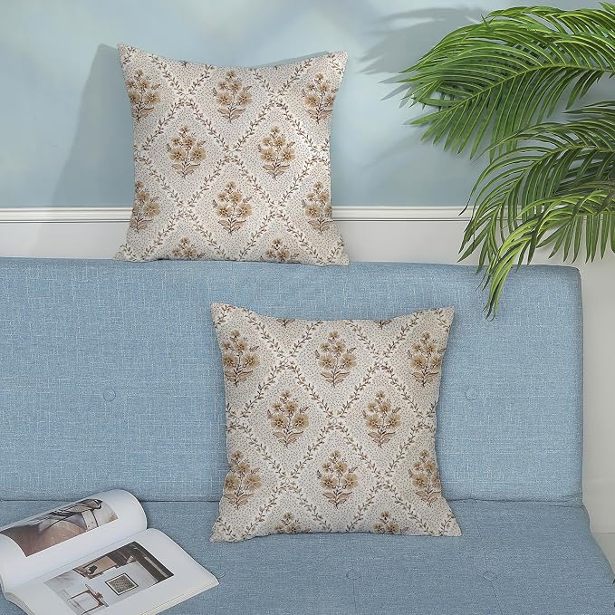 Floral Pillow Covers 18X18 Set of 2 Block Print Brown Flower Decorative Throw Pillow Covers Boho Modern Floral Decor Pillowcase Farmhouse Linen Cushion Case for Sofa Couch Outdoor Decoration