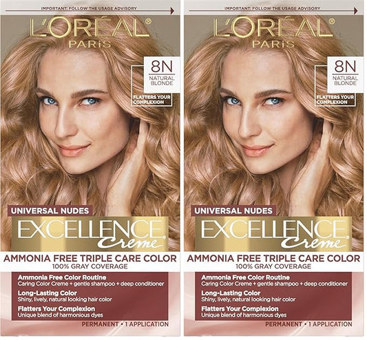 L’Oreal Paris Excellence Universal Nudes Permanent Hair Color, Ammonia Free Hair Dye for Gray Hair Coverage, 8N Natural Blonde, 1 Hair Dye Kit (Pack of 2)