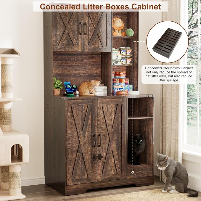 71Inches Tall Cat Litter Box Enclosure for Cats W/Power Outlets,Open Shelves.Wooden Pet Washroom Furniture W/Locks,Cabinet.Indoor Cats House,Hidden Cat Litter Box for Living Room,Bedroom(Brown-3)