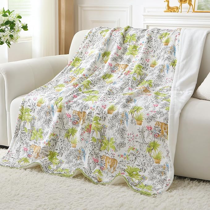 Viviland Cotton Blanket Muslin Blankets for Adult Reversible Flannel, Gifts for Women, Cozy and Soft for All Seasons, Home Decor Throw for Sofa, Chair, Tiger Yanina, 50x70 inches
