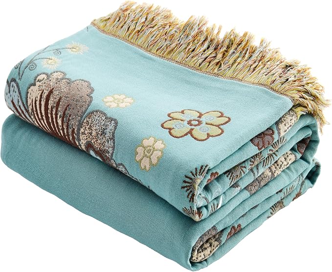 VANJOROY King Boho Throw Blanket 91" x 98", 100% Organic Cotton Breathable Skin-Friendly Ultra Soft Bed Quilt Blue Throw - Floral Rustic Decor Luxury Reversible Blanket for Sofa Couch Chair and Gift