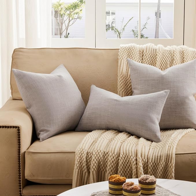 Rustic Linen Throw Pillow Covers Set of 2, Taupe 16x16in | Textured Pillow Case, Rustic Cotton Linen Fabric, Modern Farmhouse Cushion Covers for Sofa Bed Living Room Home Decor