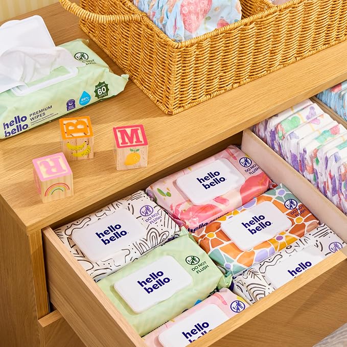 Hello Bello Premium Wipes, Designed for Sensitive Skin with Chamomile & Aloe Extracts, Rosy Posy (18 Resealable Packets = 1080 Total Wipes)