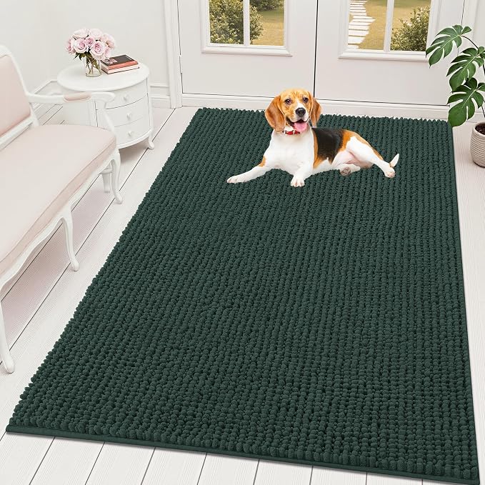 OLANLY Dog Door Mat for Muddy Paws 70x46, Extra Absorbent Chenille Mud Mat | Blackish Green, Absorbs Moisture and Dirt, Non-Slip Machine Washable Doormat, Quick-Drying Indoor Entryway Floor Mat for Dogs