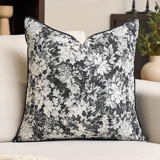 Alerfa Black Neutral Floral Pillow Cover 18 x 18 Inch, Vintage Chenille Square Couch Pillow Cover Soft Decorative Farmhouse Accent Pillowcase for Living Room Bedroom