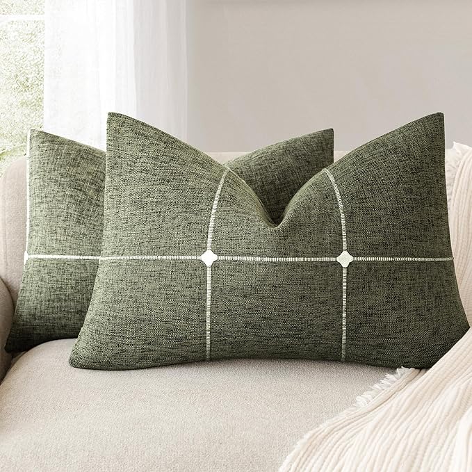 Foindtower Pack of 2 Decorative Faux Linen Jacquard Check Throw Pillow Covers Farmhouse Lumbar Cushion Cover with Grid Textured Pillowcase for Couch Sofa Living Room Home Decor,12×20 Inch,Olive Green
