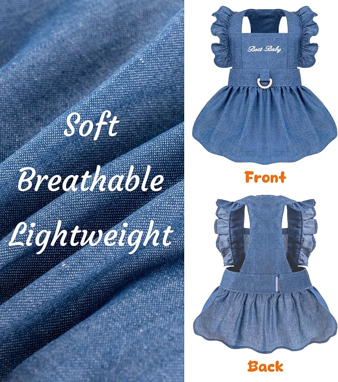 Denim Cat Dog Dress Clothes for Small Dogs with Leash Ring Summer Girl Small Dog Clothes Outfit Belly Velcro Fastening Cat Outfits&Apparel for Girl