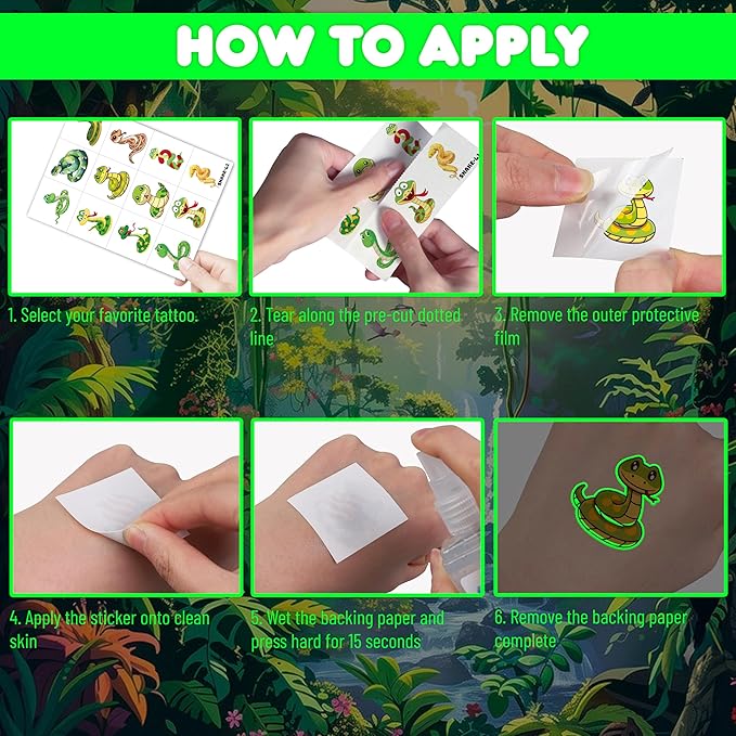 96 PCS Snake Luminous Neon Temporary Tattoos – Glow in the Dark Snake Tattoo Stickers Birthday Party Decorations, Supplies & Favors for Halloween, Parties, Cosplay, Costume Events (Glow in the dark)