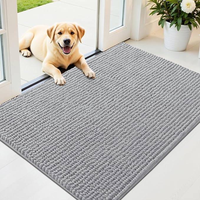 OLANLY Dog Door Mat for Muddy Paws 44x32, Extra Absorbent Chenille Mud Mat | Light Grey, Absorbs Moisture and Dirt, Non-Slip Machine Washable Doormat, Quick-Drying Indoor Entryway Floor Mat for Dogs