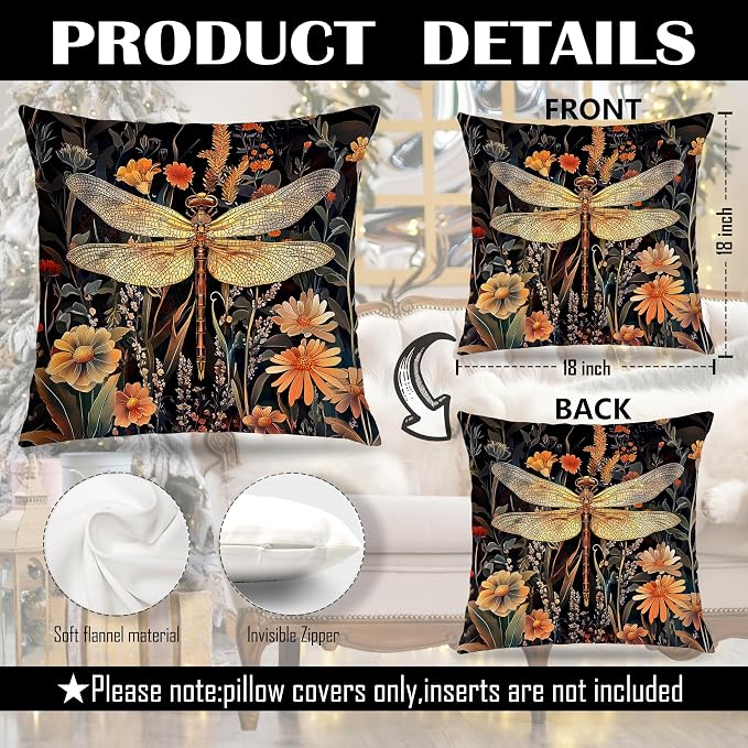 William Morris Inspired Dragonfly Bee Pillow Covers 18x18 Double-Sided Set of 4,Insect Gifts for Women,Vintage Dark Cottagecore Floral Botanical Insects Decorative Throw Pillow Covers for Home