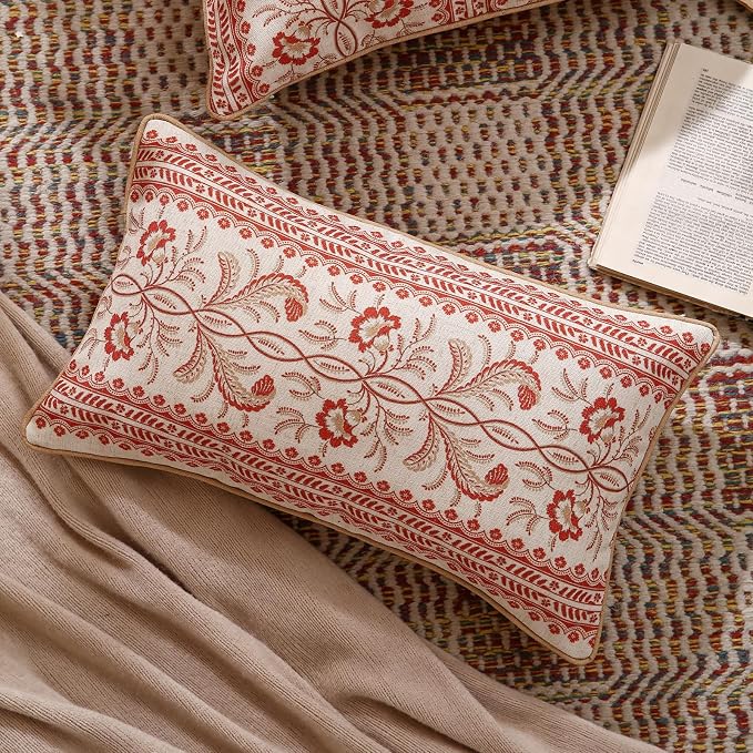 Designer Linen Throw Pillow Cover,Set of 2,20"x12"-Chamonix A | Vintage Elegant Rectangle Pillow Cover,Concealed Zipper Design,Floral Pattern,Sofas,Bedroom,Living Room,Lounge Chairs