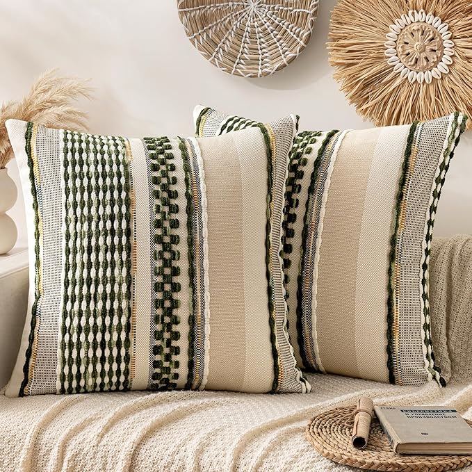 ANRODUO Boho Decorative Pillow Covers Olive Green Stripe 24x24 Pack of 2 | Euro Throw Pillow Covers, Farmhouse Cushion Case, Chenille Pillow Cases, Pillow Covers, Neutral Pillowcase for Sofa Couch Bed