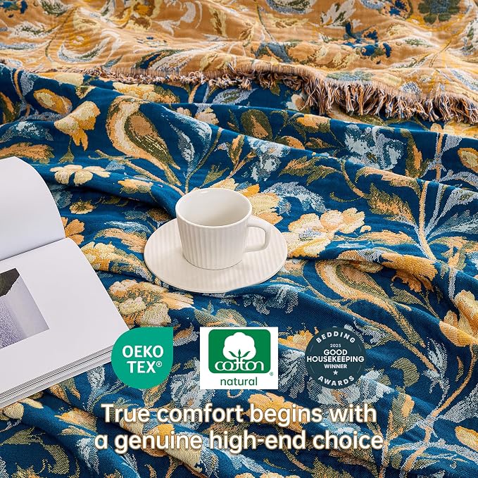 VANJOROY Boho Throw Blanket, 100% Organic Cotton Breathable Ultra Soft 50" x 60" Bed Quilt Blue Throw - All Season Bird Floral Rustic Farmhouse Decor Reversible Blanket for Couch Chair and Gift